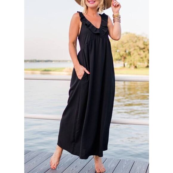 GibsonLook Summer Nights Ruffle Maxi Dress in Black Sleeveless w/ Pockets, XS - Picture 1 of 13